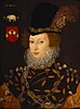 a Tudor-style portrait of a woman with pale skin and curly red hair, wearing a feathered black cap, a ruff, and an elaborate orange and black gown. In the upper left is a coat of arms consisting of a left-facing elephant between the letters E and K, over a red shield with a white chevron bearing three Tudor roses.
