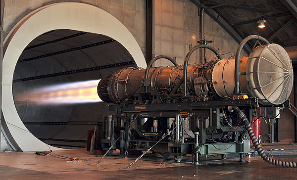 A Pratt & Whitney F100 turbofan engine for the F-15 Eagle being tested in the hush house at Florida Air National Guard base