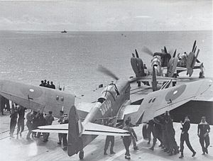 Fireflies returning to HMS Indefatigable following Operation Lentil airstrikes. Fairey Fireflies on HMS Indefatigable 4 January 1945.jpg