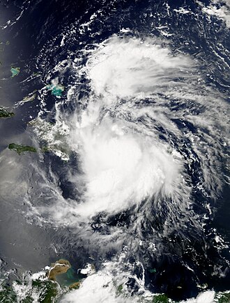 Tropical storm Fay causing heavy rainfall to Hispaniola Fay 15 August 2008 MODIS.jpg