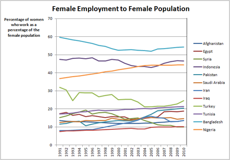 A graph of the percentage of women in 11 Muslim majority populations who are in the labor force relative to the entire population of women in those countries Female Employment to Female Population in 11 Muslim Majority Countries.png