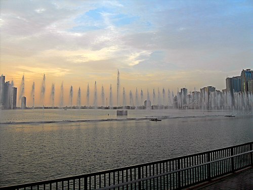 Sharjah fountain at Al Majaz Waterfront, Sharjah, United Arab Emirates.