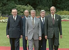 Five of the seven leaders at the 1978 G7 Economic Summit in Bonn. From left to right: Giulio Andreotti (Italy), Takeo Fukuda (Fu Tian Jiu Fu ) (Japan), Jimmy Carter (USA), Helmut Schmidt (West Germany) and Valery d'Estaing (France). G7 leaders 1978.jpg