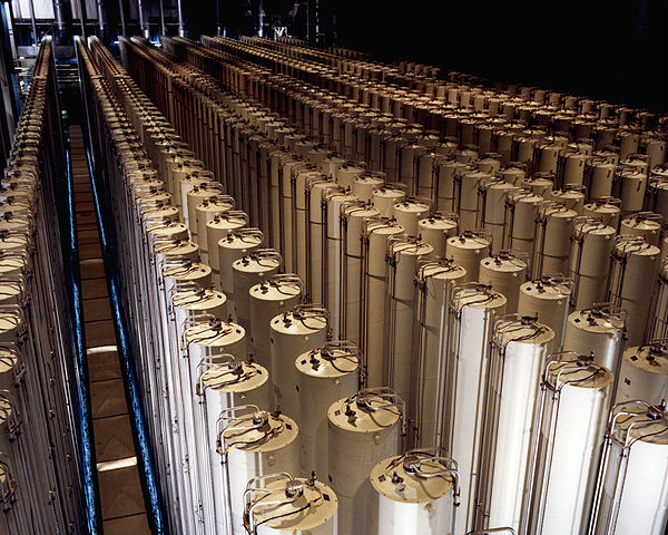 Cascade of gas centrifuges used to produce enriched uranium. U.S. gas centrifuge testbed in Piketon, Ohio, 1984. Each centrifuge is some 40 feet (12 m