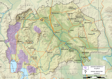 Balkan lynx are mostly found in the mountainous west. Geographical distribution of Lynx lynx martinoi in Macedonia.svg