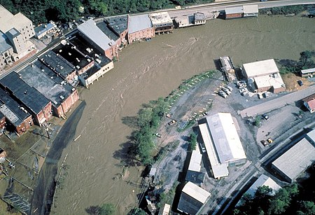 Aerial view of flooding on the Levisa Fork River in Grundy, Virginia in 1984