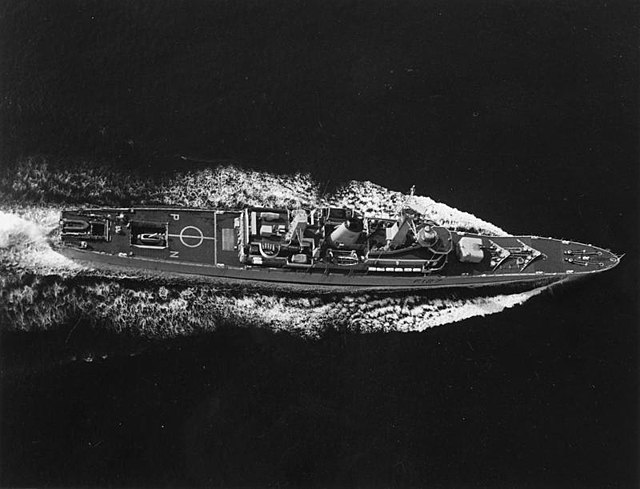Aerial view of HMS Penelope in 1970, showing the original layout of the class before conversion.
