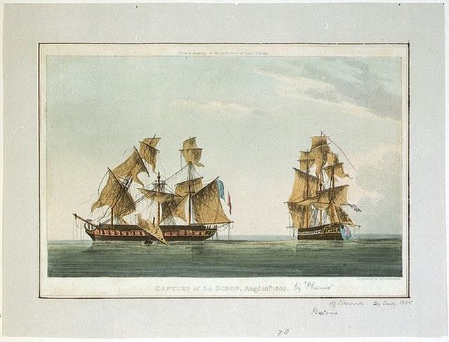 The battle-scarred HMS Phoenix and Didon shortly after their engagement on 10 August 1805, depicted by Thomas Whitcombe