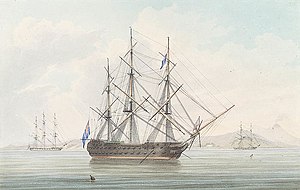 HMS Rochefort during the interment of Sir Thos. Fremantle 22nd Dec 1829 at Baia Bay Naples RMG PW8021 (cropped).jpg