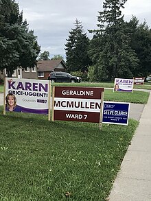 Election lawn signs in Hamilton's Bruleville neighbourhood in October, 2018 HamiltonElectionSigns Ward7 2018.jpg