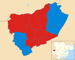 Harlow District occupies a fairly small, elevated proportion of the west of Essex, bordering the large north-eastern projection of Hertfordshire to the north. From top left, clockwise the similarly shaped approximately rectangular wards are: Little Parndon & Hare Street, Netteswell, Mark Hall, (all electing Labour members this time) Old Harlow, Church Langley, (both electing Conservatives) Harlow Common, Staple Tye, (electing Labour), Sumners & Kingsmoor, Great Parndon, (electing Conservative this time) Toddbrook and finally Bushfair (electing Labour). The map shows these 11 wards, the last two of which are landlocked forming part of the centre of the mixed urban and suburban town forming the district characterized by long, linear green spaces, sloped fields in Old Harlow ward and a southern wood known as Parndon Wood in Sumners & Kingsmoor ward.