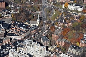 Aerial view of the Mass Ave/Brattle Street junction, with Harvard Yard at the right Harvard Square aerial 1.JPG