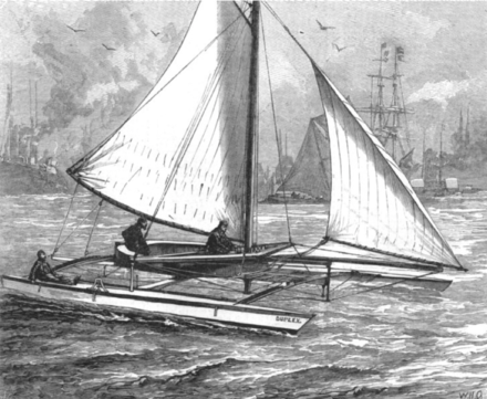 Nathaniel Herreshoff's 31 ft (9 m) long catamaran, Duplex, on the River Thames—built in 1877