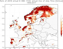 Rank of the highest max temperature of the 2018 summer in Europe, until August. Dark red means record high since 1950, bright red second place etc. Highest maximum temperature of the summer 2018 August in Europe.jpg