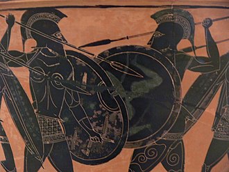 Attic black-figure calyx krater Hoplite fight from Athens Museum.jpg