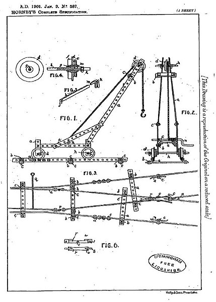 Frank Hornby's 1901 patent number GB190100587A for what later became known as Meccano