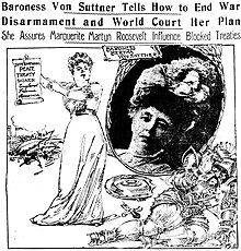 Imaginative drawing by Marguerite Martyn and a photo of Bertha von Suttner, 1912, with a victorious Suttner holding a scroll labeled International Peace Treaty / England / France / America. In the corner cowers a representation of a defeated warrior labelled WAR. A broken sword and shield is on the ground. A tangle of broken warships is at the left side. At top are newspaper headlines from the St. Louis Post-Dispatch of October 20, 1912.