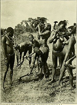 Bantu Kavirondo women working a field, early 20th century. In wildest Africa - the record of a hunting and exploration trip through Uganda, Victoria Nyanza, the Kilimanjaro region and British East Africa, with an account of an ascent of the snowfields of (14596313249).jpg
