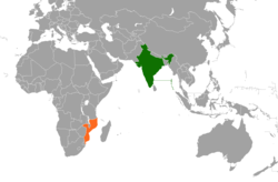 Map indicating locations of India and Mozambique