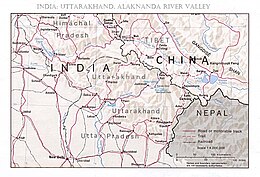 Map 1: The Alaknanda, Dhauliganga, and Rishganga river valleys, and the Nanda Devi National Park in the state of Uttarakhand India Uttarakhand Alaknanda River Valley.jpg