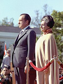 US President Richard Nixon and Prime Minister of India Indira Gandhi in 1971. They had a deep personal antipathy that coloured bilateral relations. Indira and Nixon.JPG