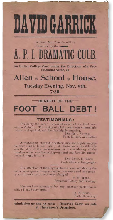 Poster for the play David Garrick, produced and acted in by Heisman, Alabama Polytechnic Institute (Auburn) 1897