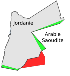 A Jordânia faz fronteira antes (em vermelho) e depois (em verde) do acordo de 1965.