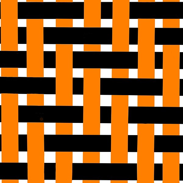 Visualisation of 2/2 twill weave: the black weft threads go two over then two under the orange warp threads, staggered by one thread each pass (result