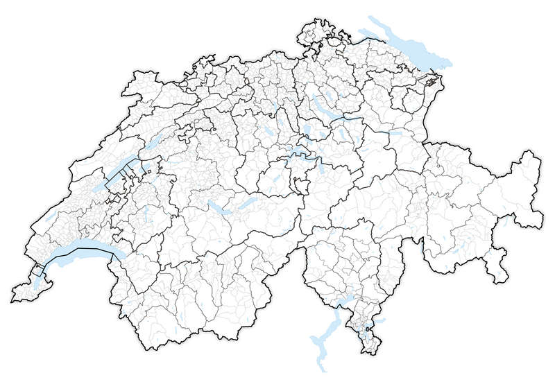 Mapa Szwajcarii z granicami kantonów, okręgów oraz gmin (1 stycznia 2020)