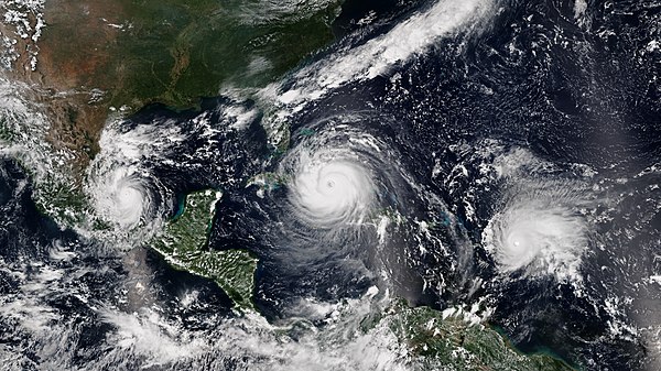 Three simultaneous hurricanes active on September 8, 2017 – with Katia (left), Irma (center), and Jose (right). All three were threatening land at the