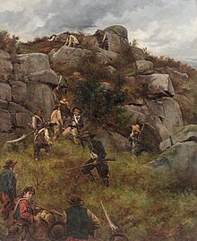 Huile sur toile représentant des soldats progressant à travers des herbes et faisant face à de grosses roches.