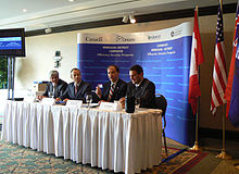 Stockwell Day at a June 2008 announcement on Border Safety. L. Cannon, S. Day, John R. Nay and Jeffrey Watson.jpg