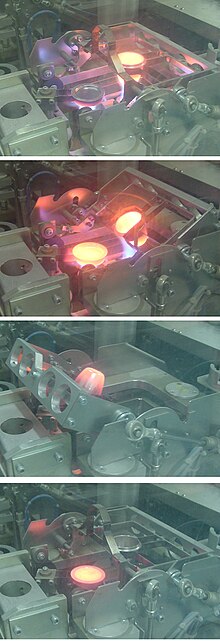 A glass "bead" specimen for XRF analysis being cast at around 1100 degC in a Herzog automated fusion machine in a cement plant quality control laboratory. 1 (top): fusing, 2: preheating the mould, 3: pouring the melt, 4: cooling the "bead" LDHerzogBeadMaking.jpg