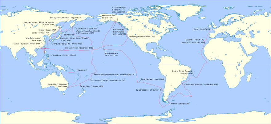 Le trajet de l'expédition de La Pérouse de 1785 à 1788 pour découvrir le Pacifique.