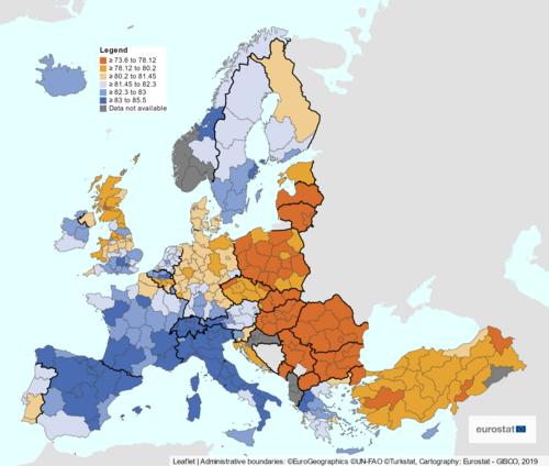 ОПЖ в регионах Турции на фоне других регионов Европы в 2018 и 2019 годах, согласно Евростату[8][9] (легенды на картах разные) 