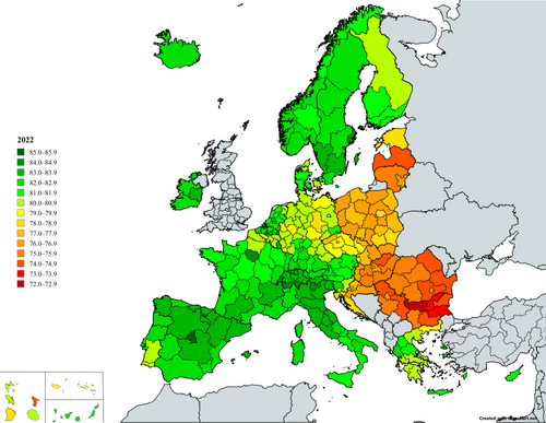 ОПЖ в регионах Испании на фоне других регионов Европы в 2019 и 2022 годах, согласно Евростату[8][9] (легенды на картах одинаковые) 