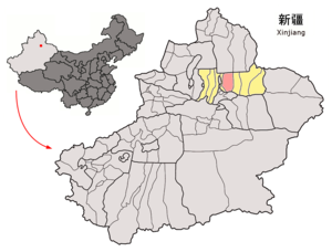 Fukang (şehir)'nin Sincan Uygur Özerk Bölgesideki konumu (pembe)