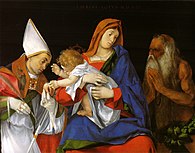 Madonna mit Kind, einem Heiligen Bischof und dem Hl. Onofrio, 53 × 67 cm, 1508, Galleria Borghese, Rom