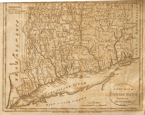 A 1799 map of Connecticut which shows The Oblong. From Low's Encyclopaedia.