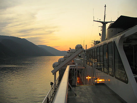 The M/V Columbia ferry boat plying the Alaska Marine Highway at sunset, 13 August 2005