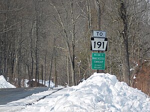 Signage off the Little Equinunk Bridge for Manchester Township and Route 191.