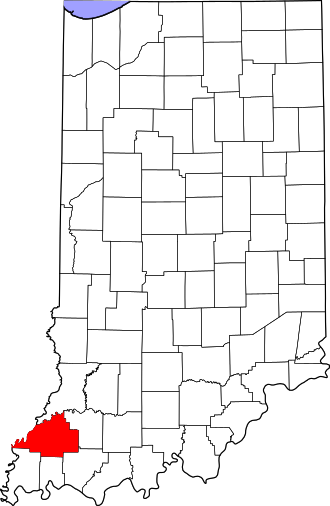 Location of Gibson County in Indiana Map of Indiana highlighting Gibson County.svg