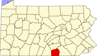 Location of Adams County in Pennsylvania Map of Pennsylvania highlighting Adams County.svg