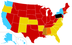 På forespørsel: AK, HI, NY, WA;  fare for kvinnens helse, voldtekt eller incest, eller sannsynlig skadet foster: AR, CA, CO, DE, FL, GA, KS, MD, NC, NM, OR, SC, VA;  fare for kvinnens helse: AL, MA;  voldtekt: MS;  ulovlig: AZ, CT, IA, ID, IL, IN, KY, LA, ME, MI, MN, MO, MT, ND, NE, NH, NJ, NV, OH, OK, PA, RI, SD, TN, TX, UT, VT, WI, WV, WY