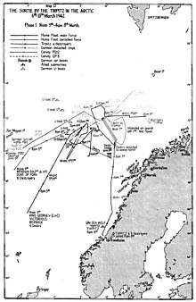 Sebuah peta yang menunjukkan pergerakan pasukan angkatan laut antara 5 dan 8 Maret 1942 seperti yang dijelaskan dalam artikel