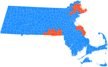 Senate party composition by municipality at the beginning of the 192nd General Court. Massachusetts 192nd General Court Senate Composition January 2021.svg