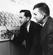 Bernd T. Matthias (left) points to the element niobium on the periodic table while John Eugene Kunzler looks on. After reporting to the American Physical Society that a ductile alloy of niobium and zirconium will remain superconducting at liquid helium temperature. Matthias and Kunzler periodic table.jpg