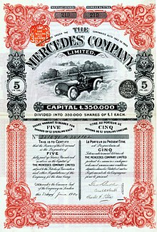 Aktie der Mercedes Company Ltd. vom 23. Juni 1904, einer englischen Verkaufsgesellschaft für Mercedes-Automobile