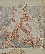 Dibujo de un hombre luchando contra un centauro.