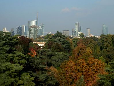 Skyscrapers in Milan as seen from Parco Sempione.